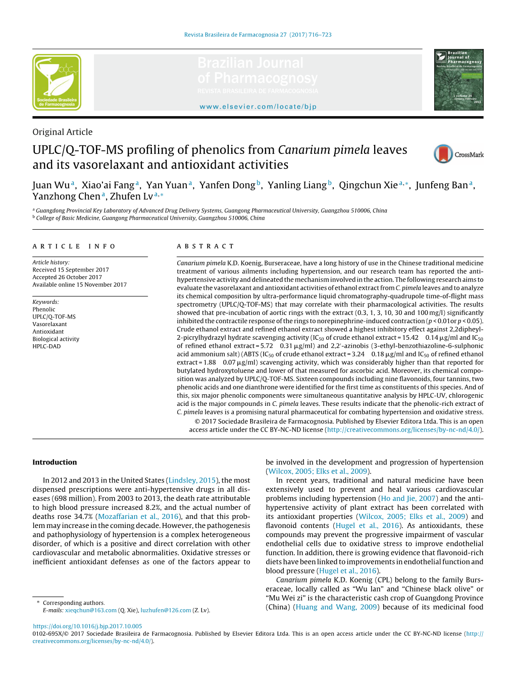 UPLC/Q-TOF-MS Profiling of Phenolics from Canarium Pimela