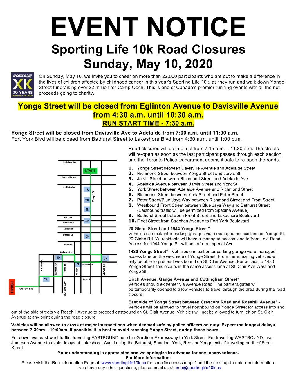 EVENT NOTICE Sporting Life 10K Road Closures Sunday, May 10, 2020
