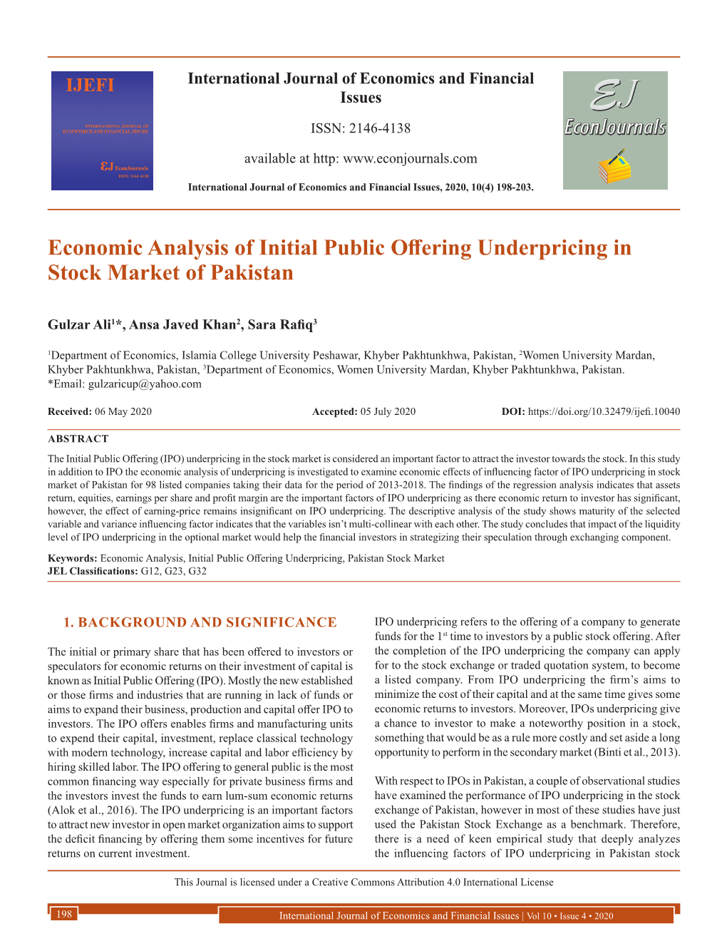 Economic Analysis of Initial Public Offering Underpricing in Stock Market of Pakistan