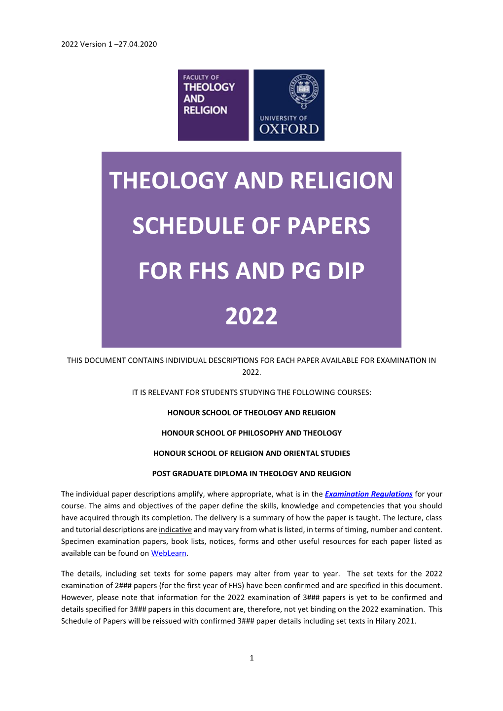 Theology and Religion Schedule of Papers for FHS and PG Dip for Examination in 2022