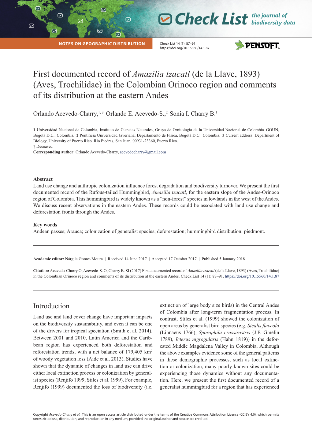 Amazilia Tzacatl (De La Llave, 1893) (Aves, Trochilidae) in the Colombian Orinoco Region and Comments of Its Distribution at the Eastern Andes