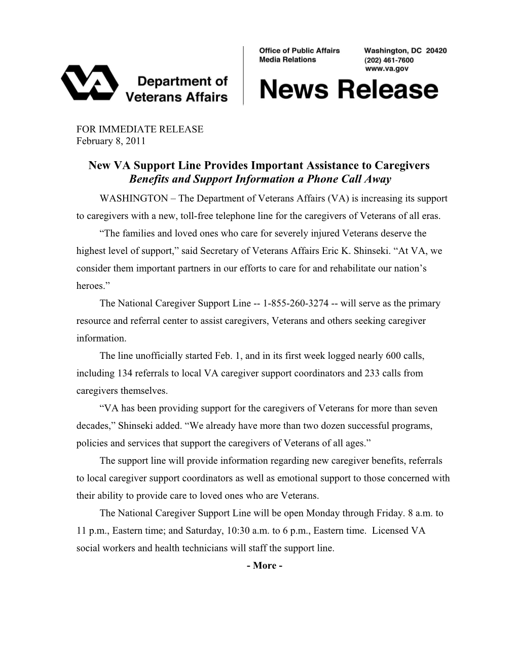 Caregiver Support Line Newsrelease