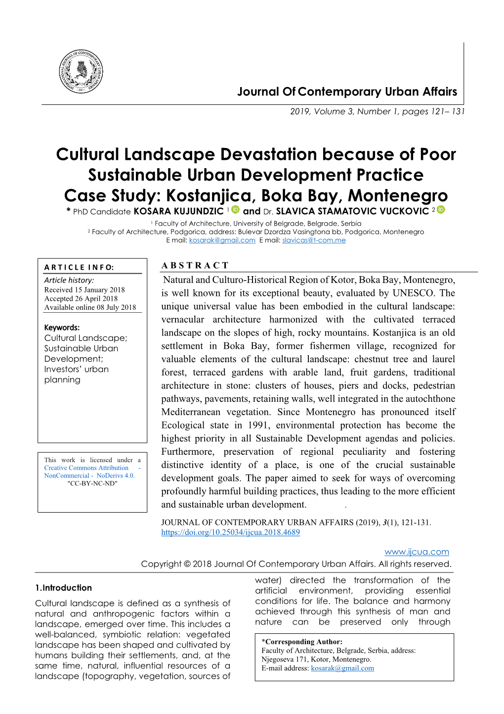 Cultural Landscape Devastation Because of Poor Sustainable Urban Development Practice Case Study: Kostanjica, Boka Bay, Monteneg