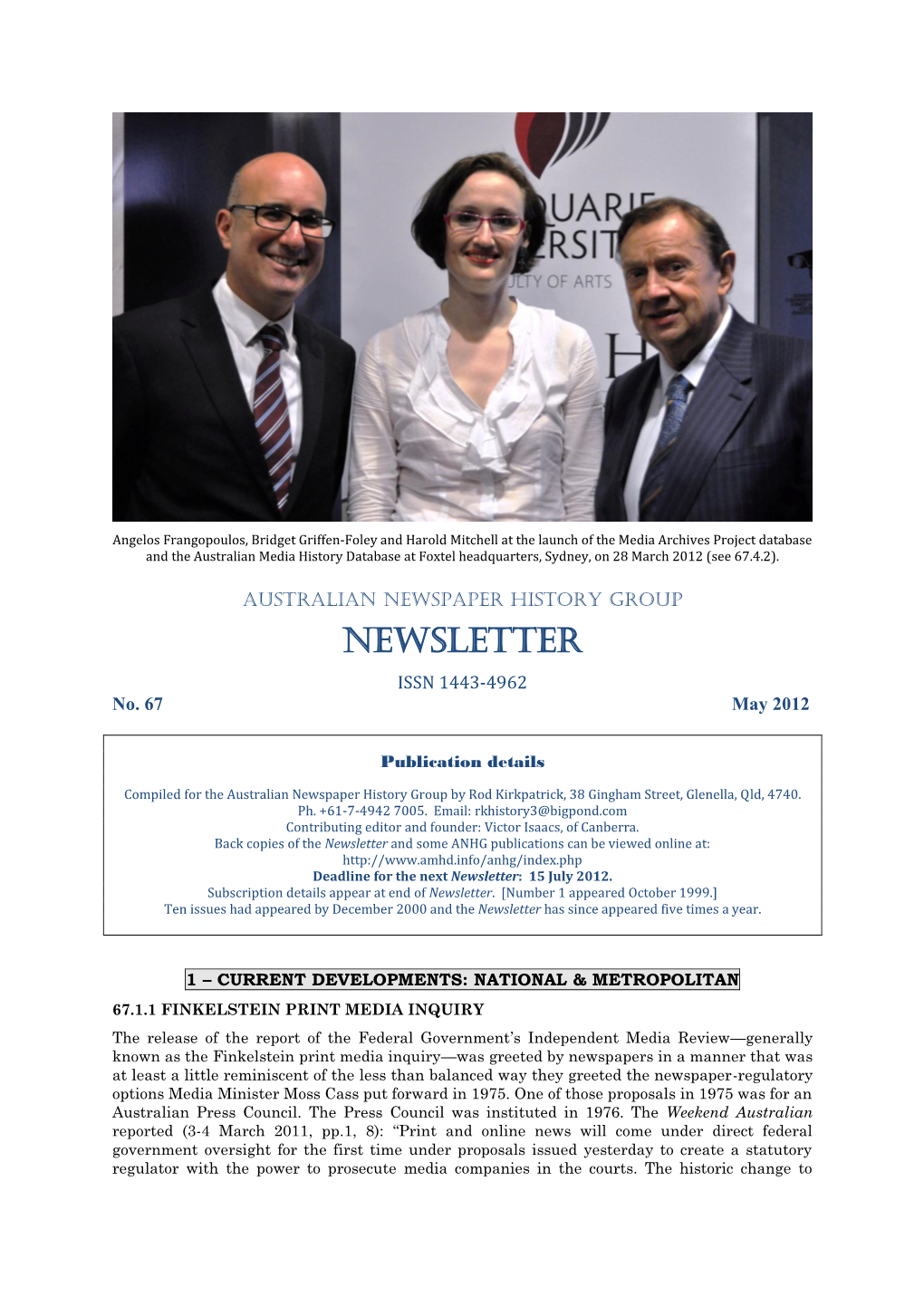 NEWSLETTER ISSN 1443-4962 No