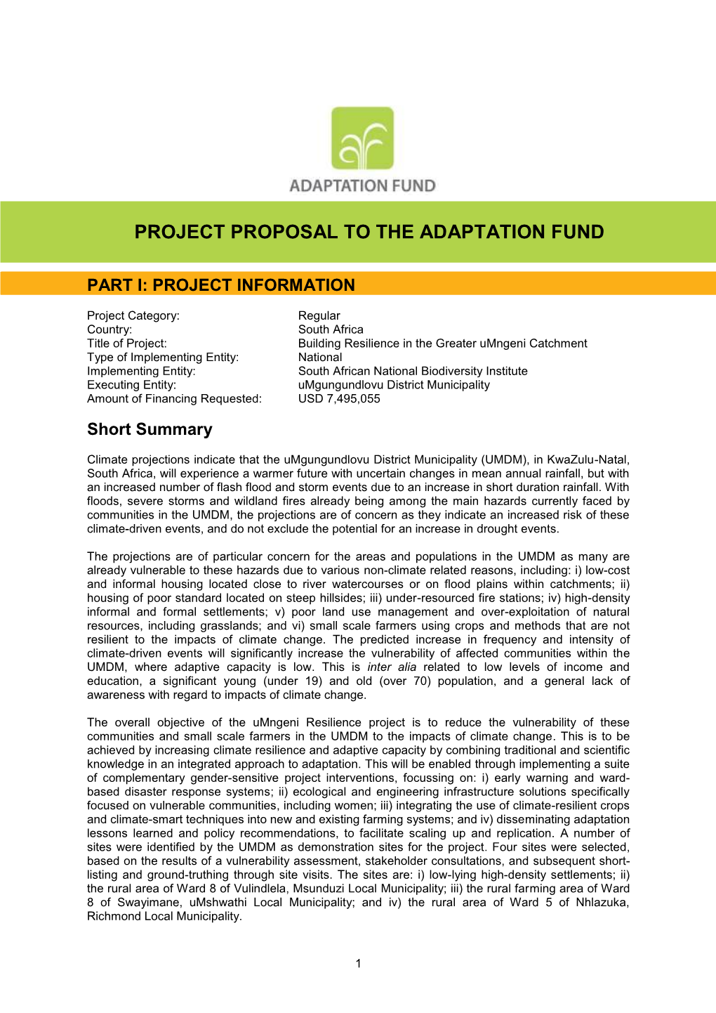 Project Proposal to the Adaptation Fund