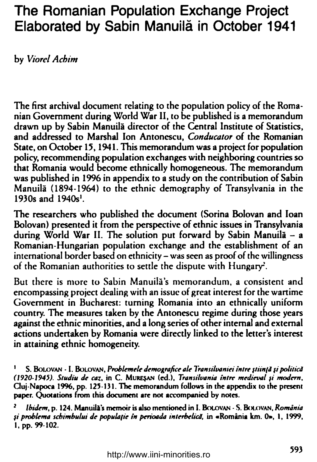 The Romanian Population Exchange Project Elaborated by Sabin Manuilă in October 1941