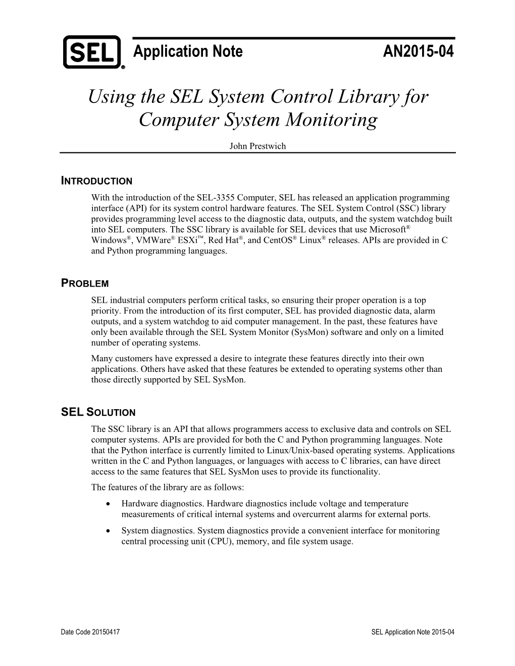 Using the SEL System Control Library for Computer System Monitoring