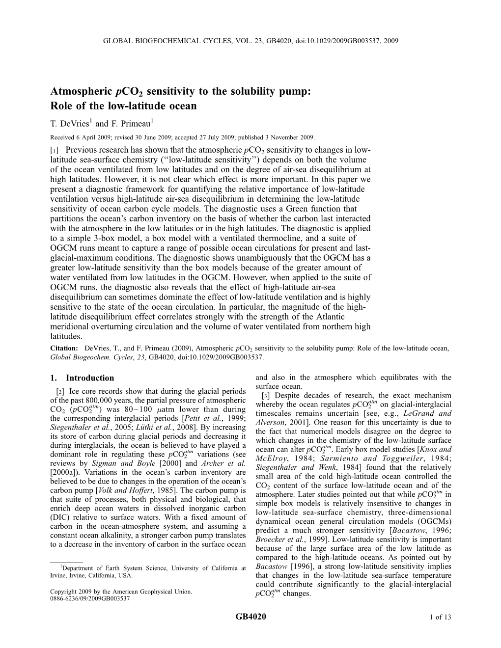 Atmospheric Pco2 Sensitivity to the Solubility Pump: Role of the Low-Latitude Ocean T