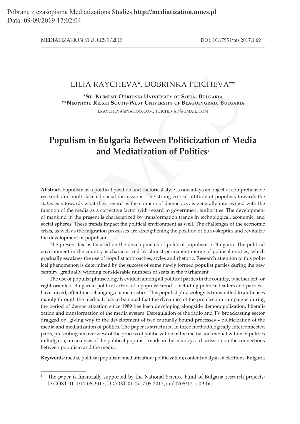 Populism in Bulgaria Between Politicization of Media and Mediatization of Politics1