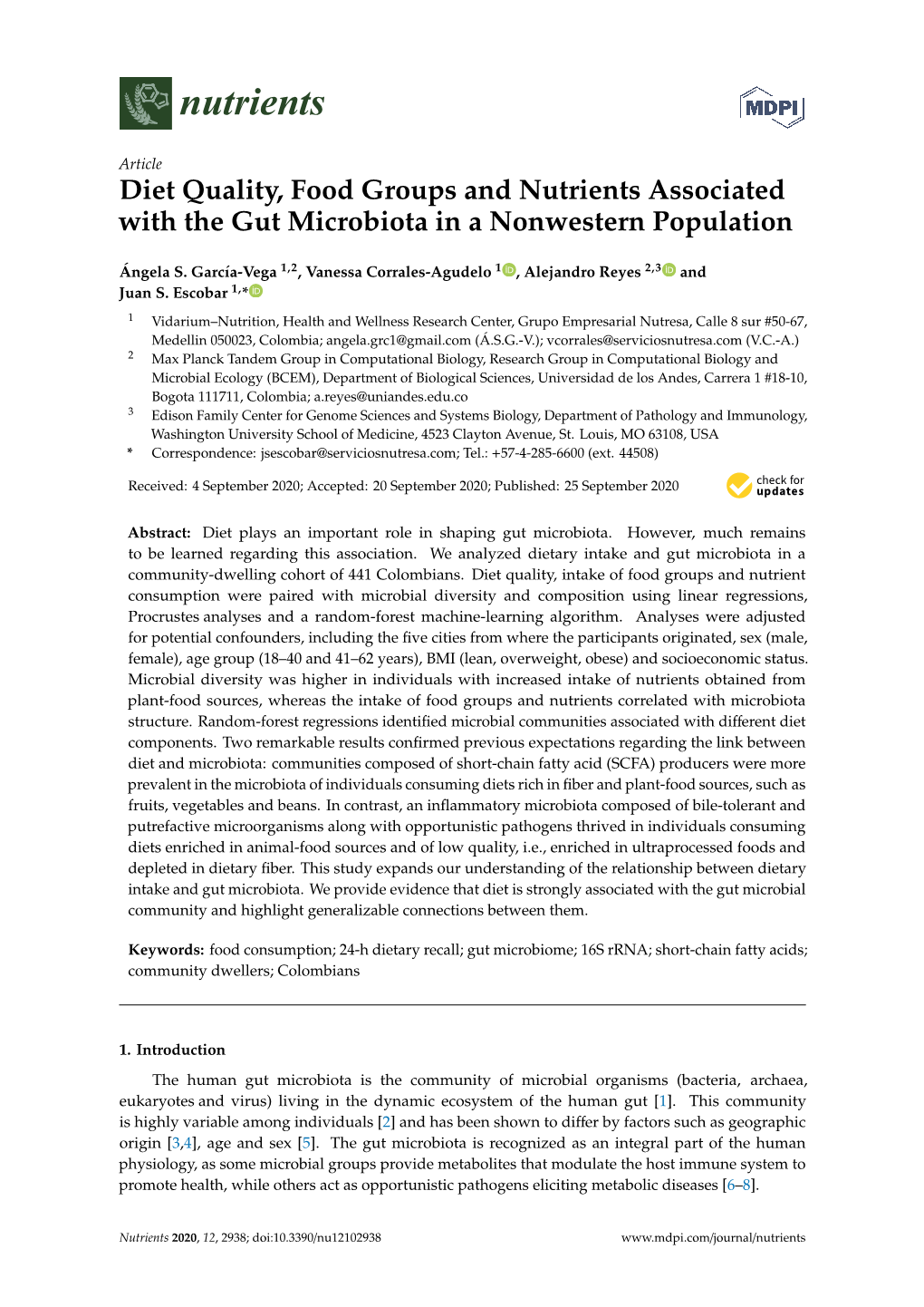 Diet Quality, Food Groups and Nutrients Associated with the Gut Microbiota in a Nonwestern Population