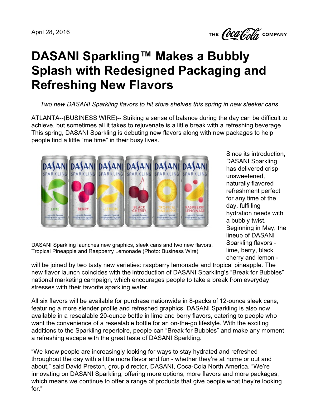 DASANI Sparkling™ Makes a Bubbly Splash with Redesigned Packaging and Refreshing New Flavors