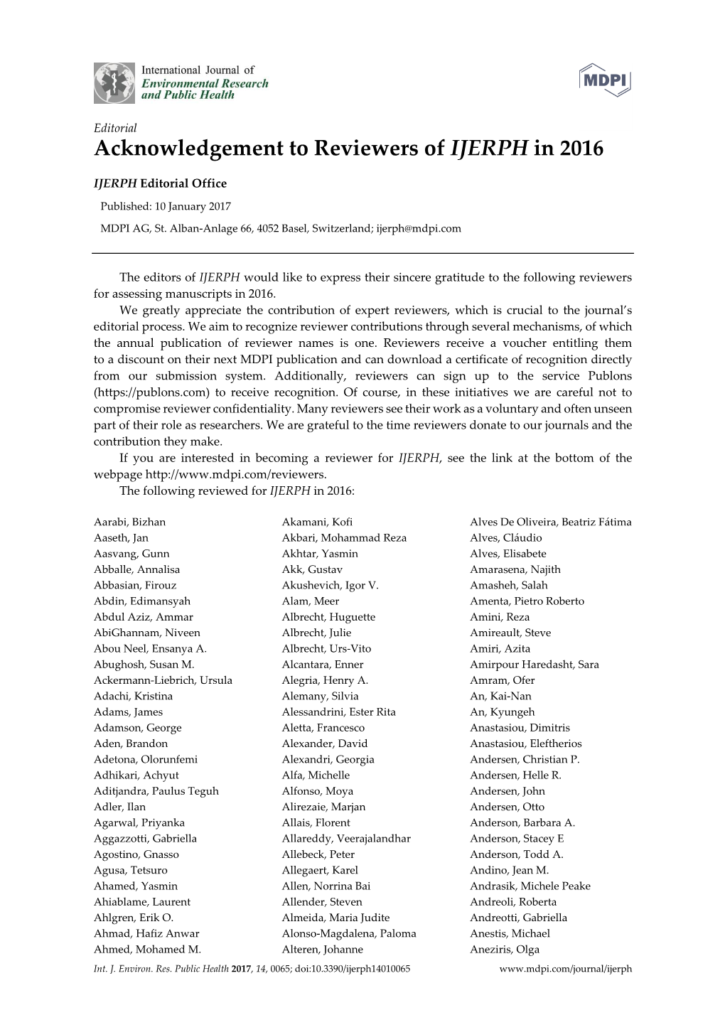 Acknowledgement to Reviewers of IJERPH in 2016