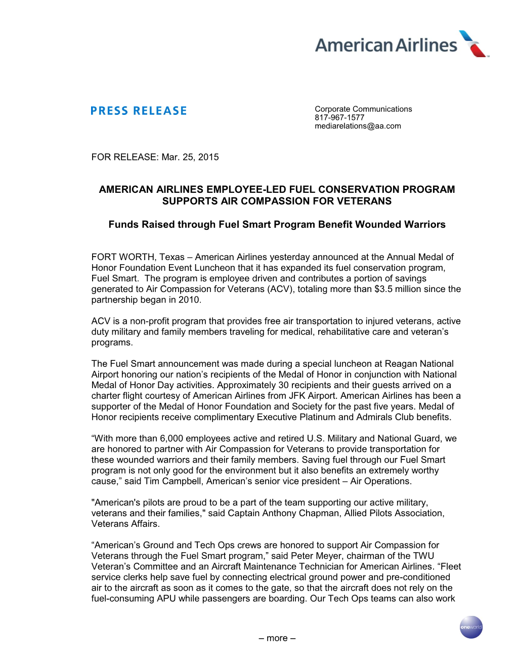 American Airlines Employee-Led Fuel Conservation Program Supports Air Compassion for Veterans