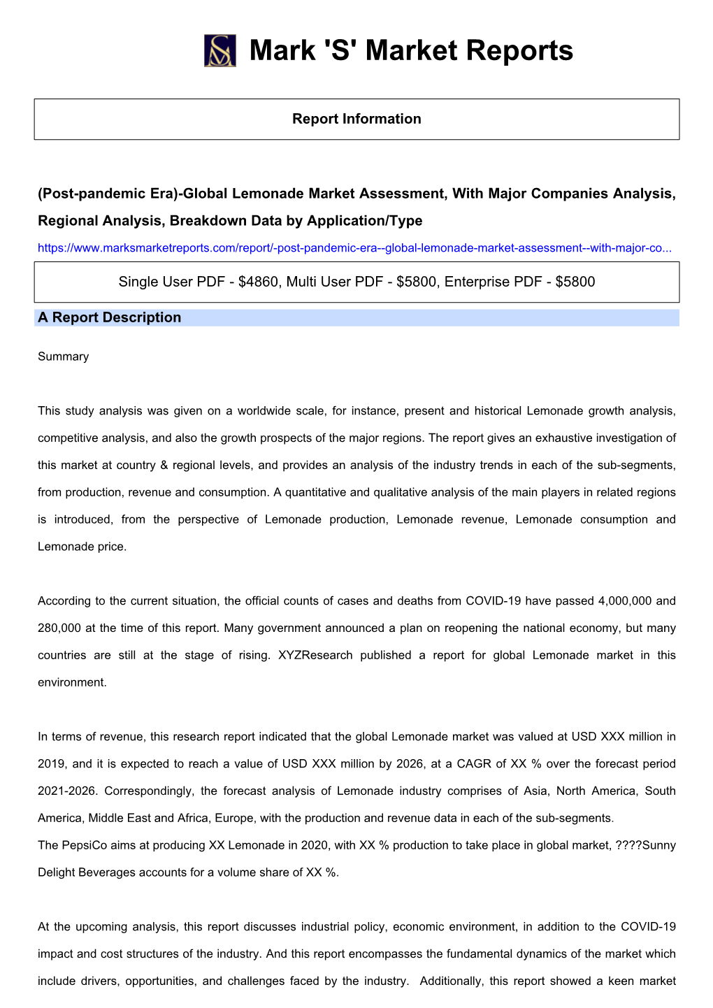 (Post-Pandemic Era)-Global Lemonade Market Assessment, With