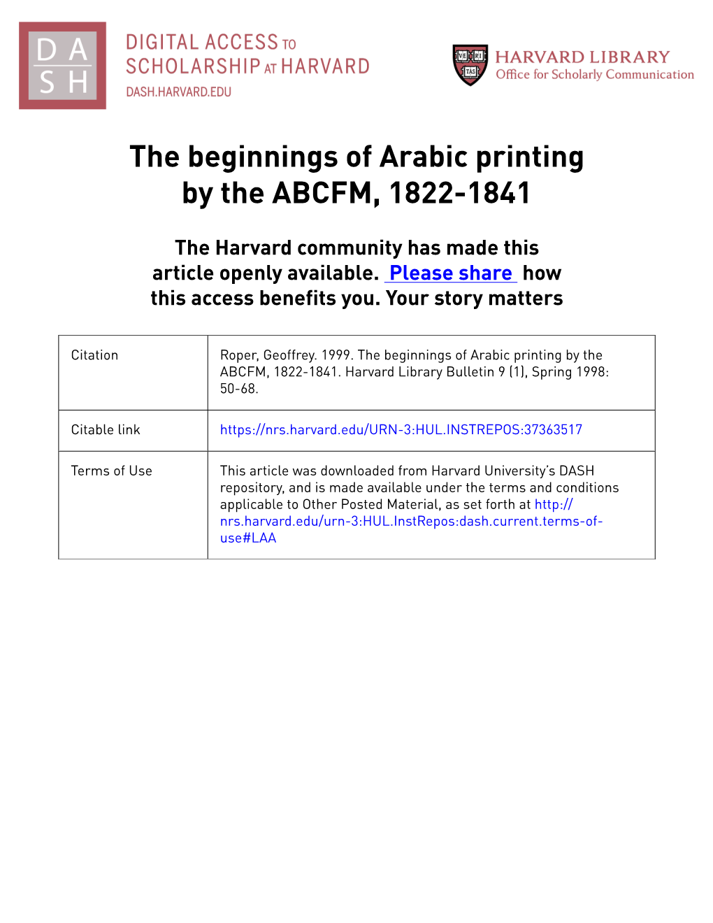 The Beginnings of Arabic Printing by the ABCFM, 1822-1841
