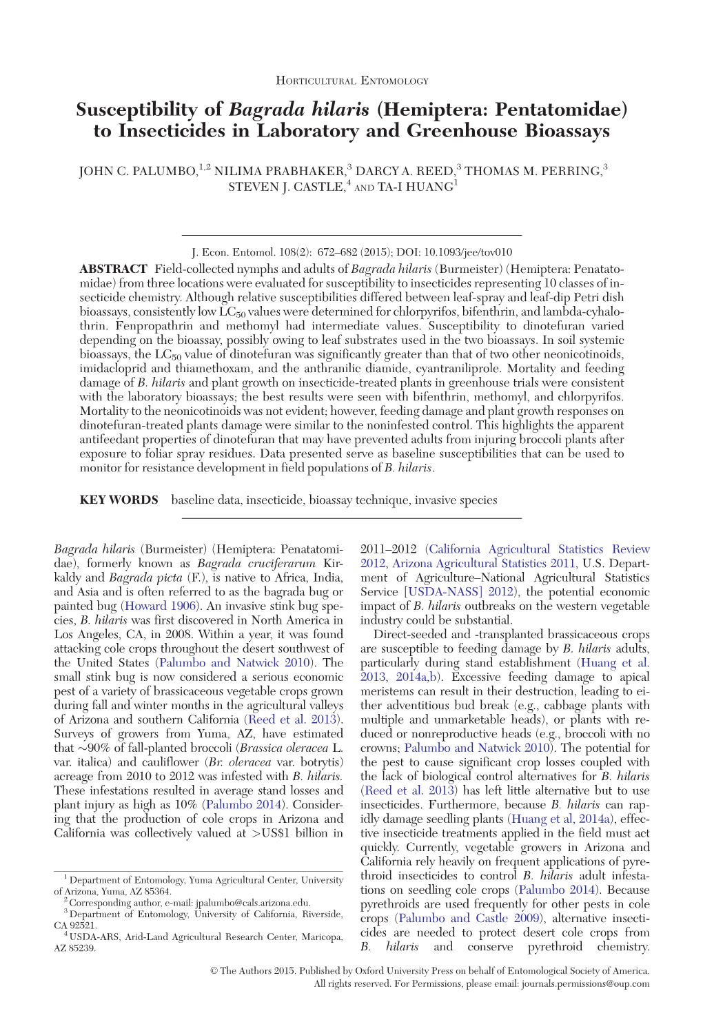 Susceptibility of Bagrada Hilaris (Hemiptera: Pentatomidae) to Insecticides in Laboratory and Greenhouse Bioassays