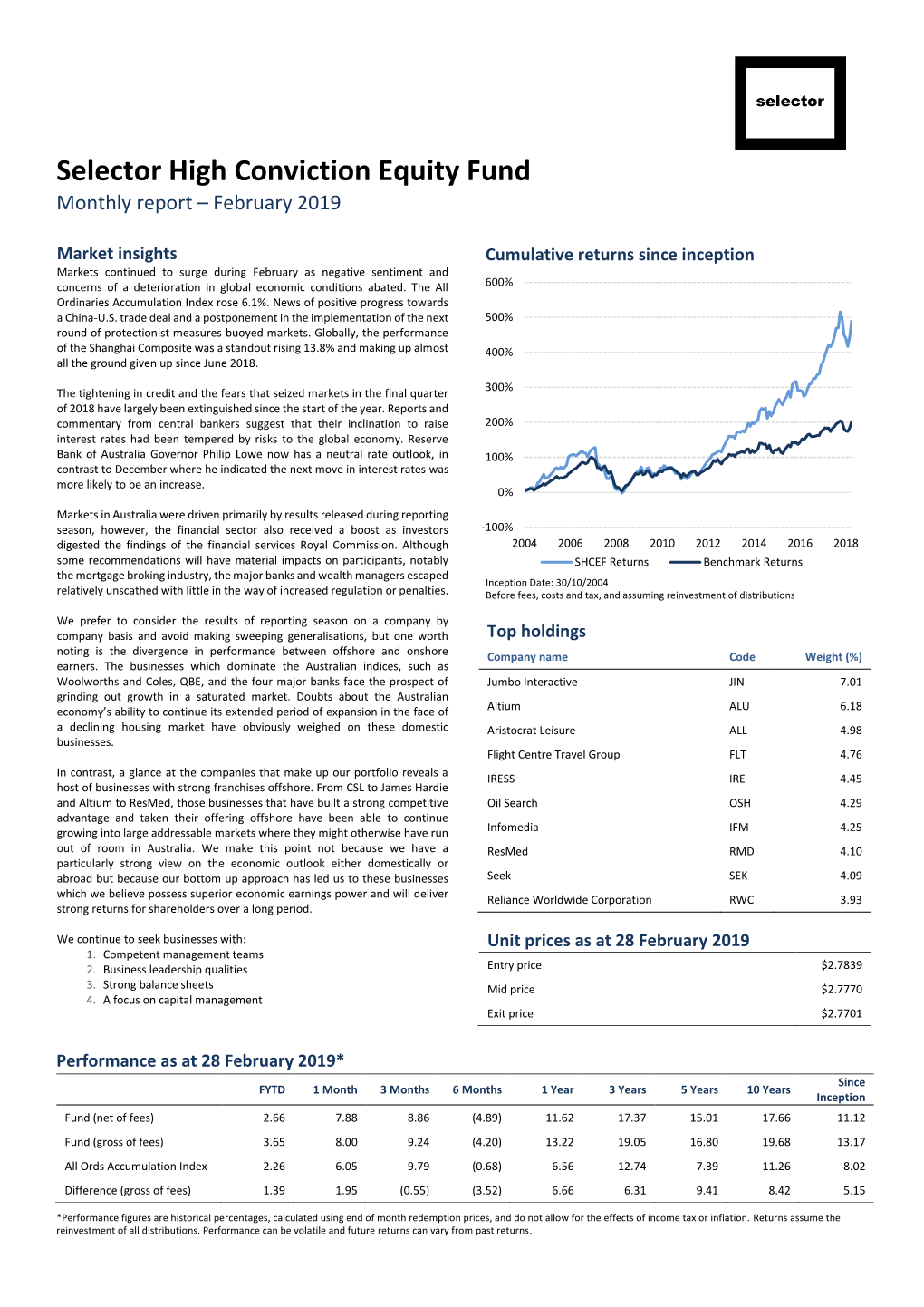 Selector High Conviction Equity Fund Monthly Report – February 2019