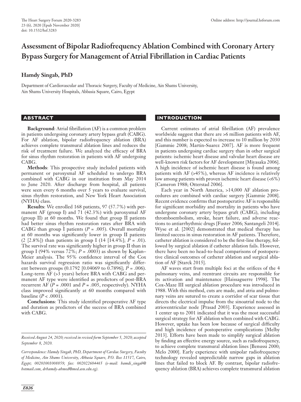 Assessment of Bipolar Radiofrequency Ablation Combined with Coronary Artery Bypass Surgery for Management of Atrial Fibrillation in Cardiac Patients