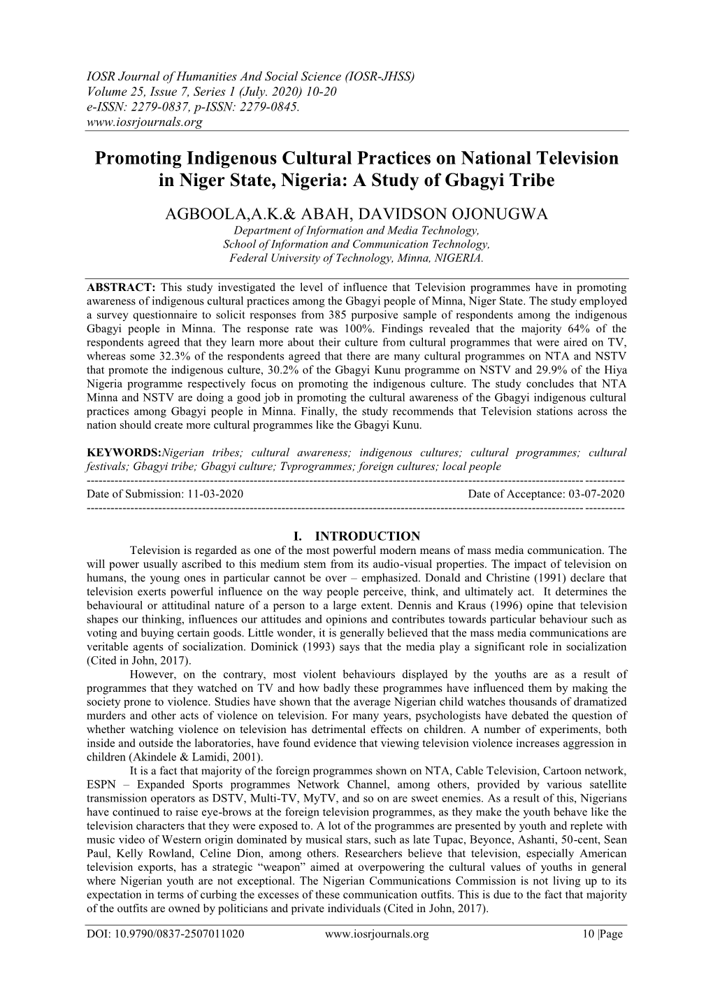 Promoting Indigenous Cultural Practices on National Television in Niger State, Nigeria: a Study of Gbagyi Tribe