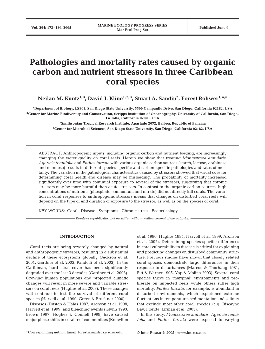 Pathologies and Mortality Rates Caused by Organic Carbon and Nutrient Stressors in Three Caribbean Coral Species