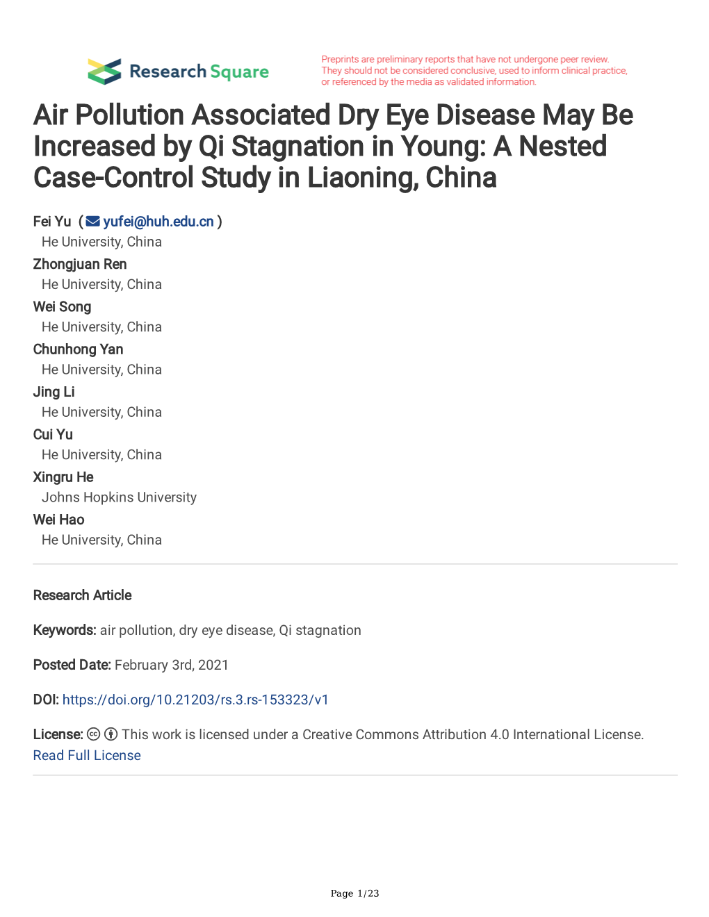 Air Pollution Associated Dry Eye Disease May Be Increased by Qi Stagnation in Young: a Nested Case-Control Study in Liaoning, China