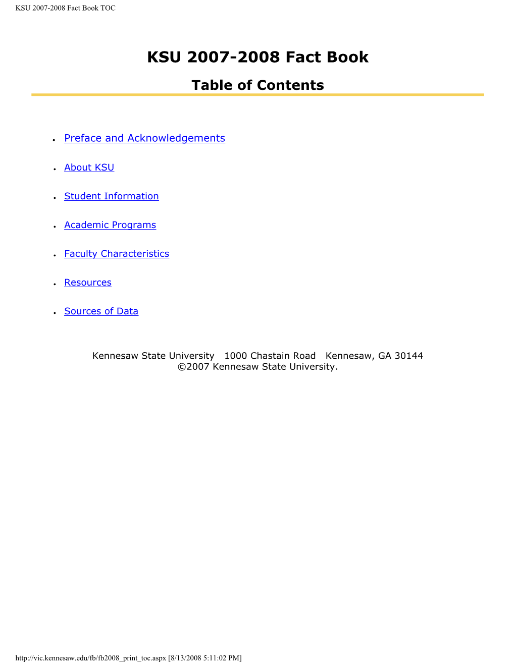 KSU 2007-2008 Fact Book TOC