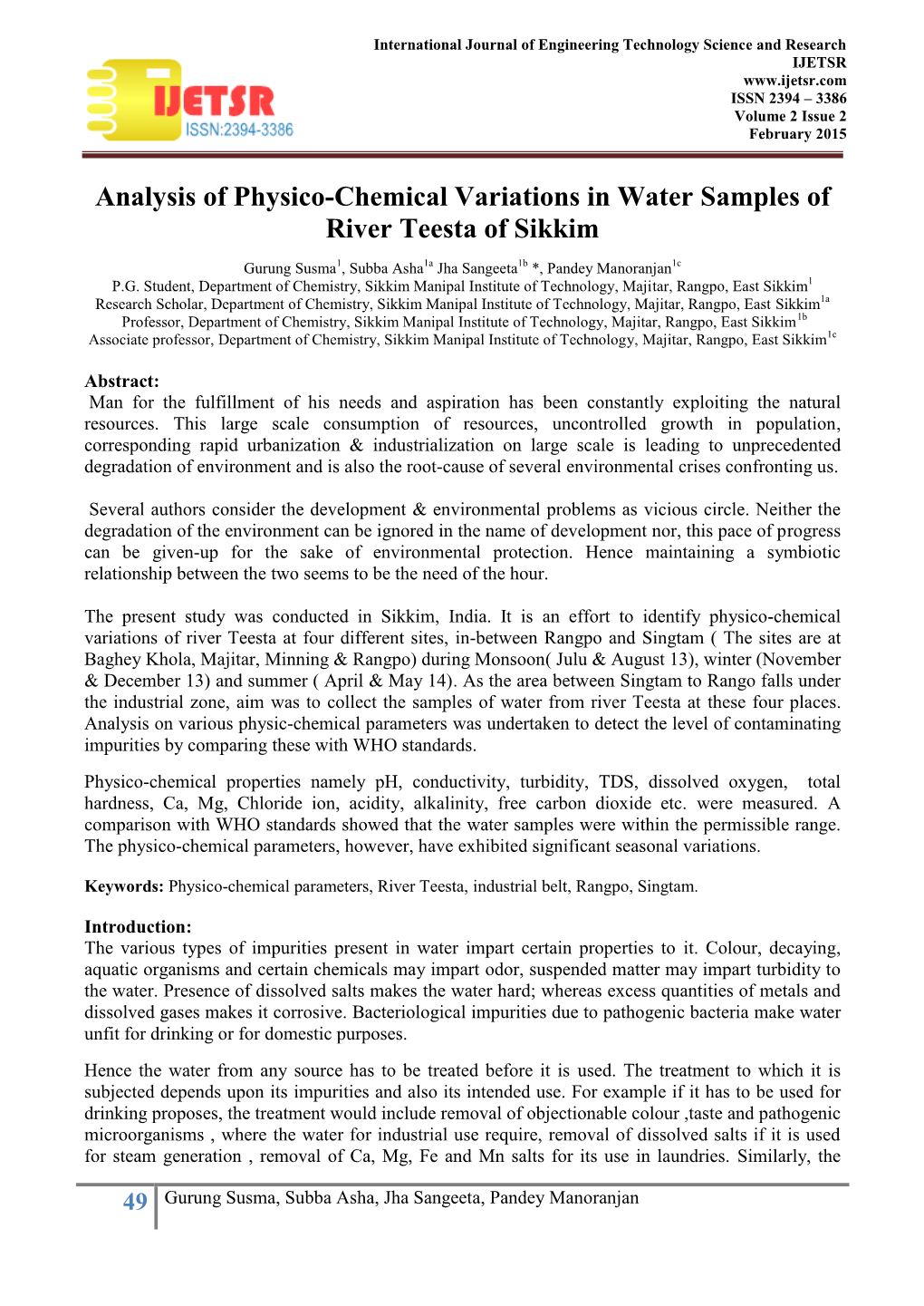 Analysis of Physico-Chemical Variations in Water Samples of River Teesta of Sikkim