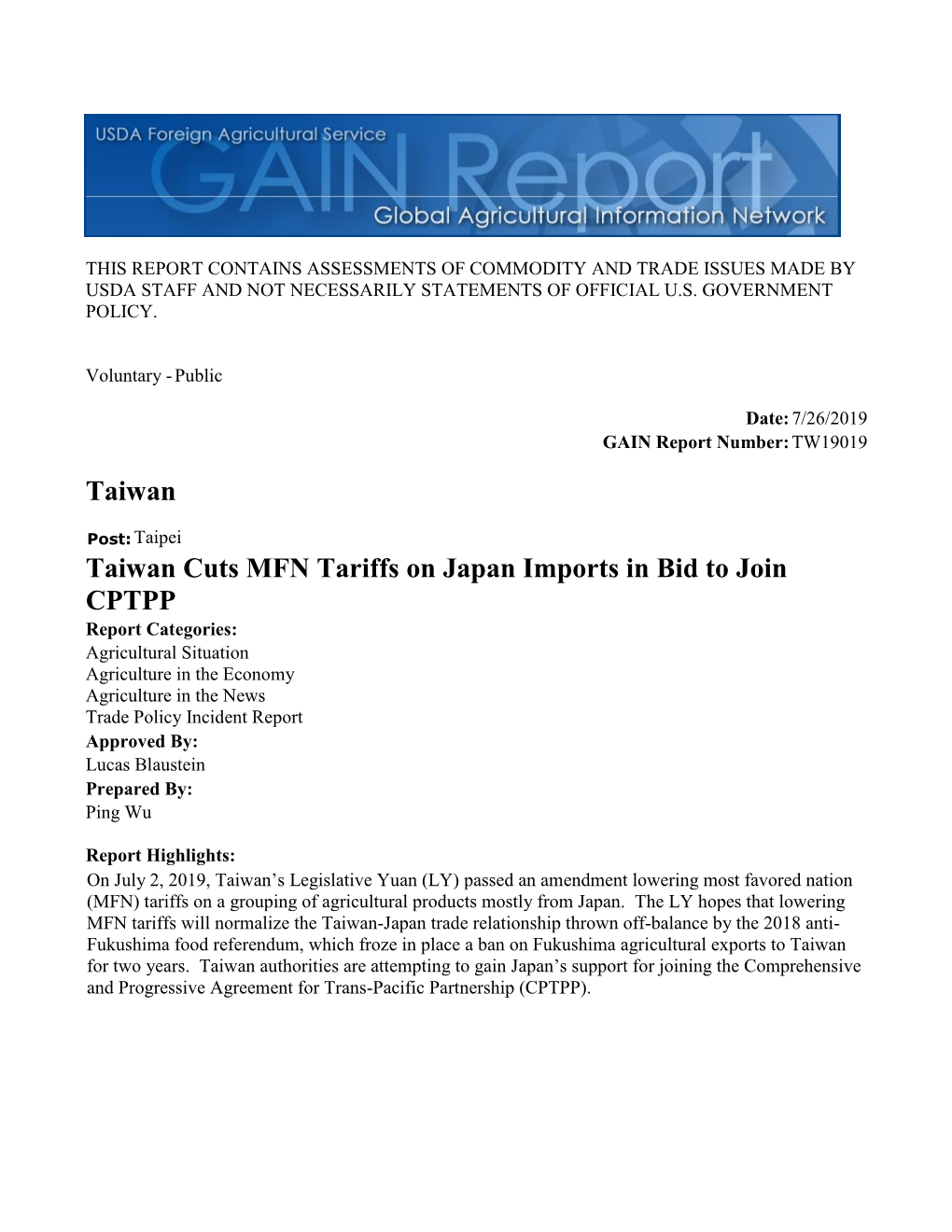 Taiwan Cuts MFN Tariffs on Japan Imports in Bid to Join CPTPP