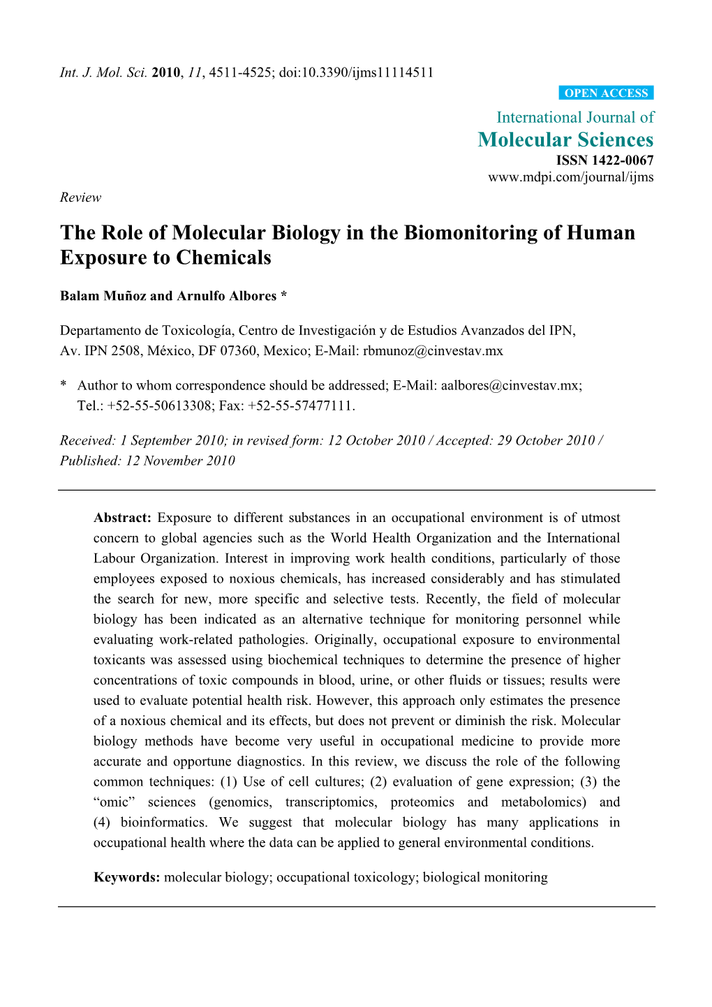 The Role of Molecular Biology in the Biomonitoring of Human Exposure to Chemicals