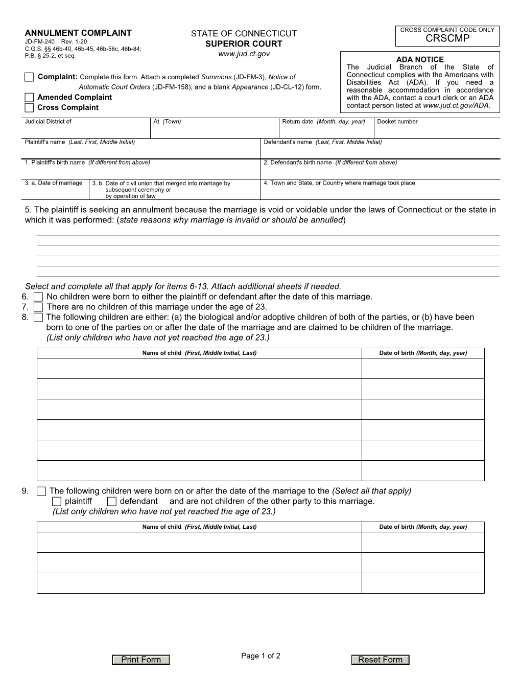 ANNULMENT COMPLAINT STATE of CONNECTICUT CROSS COMPLAINT CODE ONLY JD-FM-240 Rev