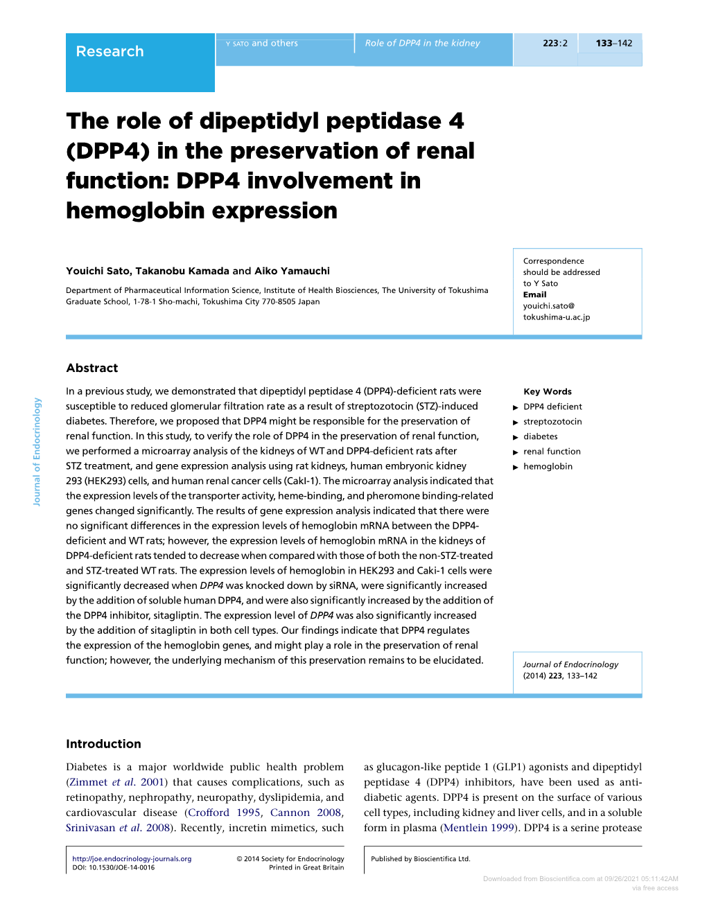 The Role of Dipeptidyl Peptidase 4 (DPP4) in the Preservation of Renal Function: DPP4 Involvement in Hemoglobin Expression