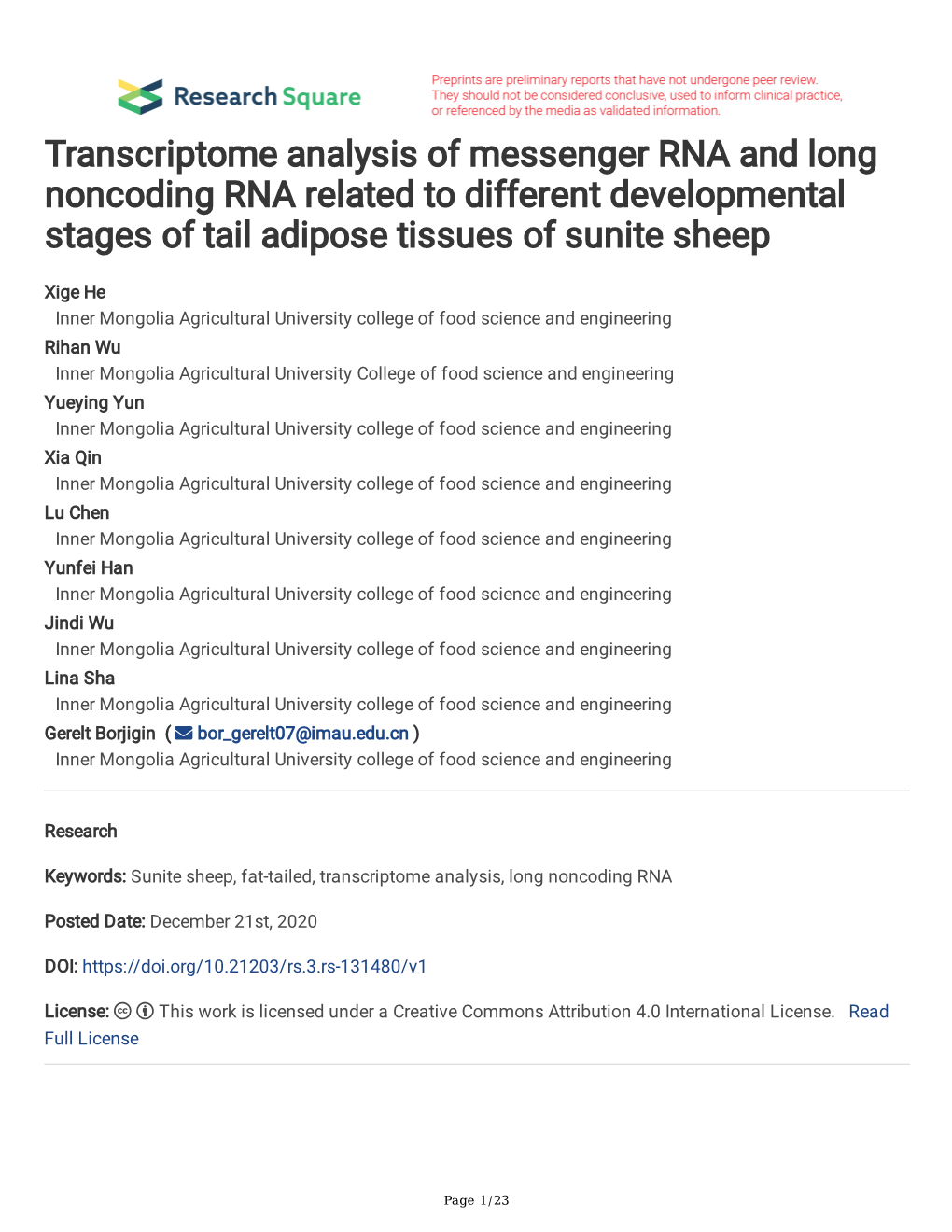 Transcriptome Analysis of Messenger RNA and Long Noncoding RNA Related to Different Developmental Stages of Tail Adipose Tissues of Sunite Sheep