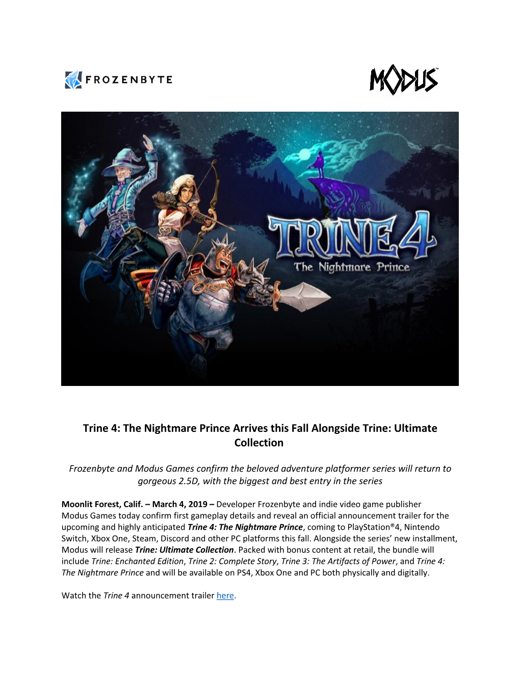 Trine 4: the Nightmare Prince Arrives This Fall Alongside Trine: Ultimate Collection