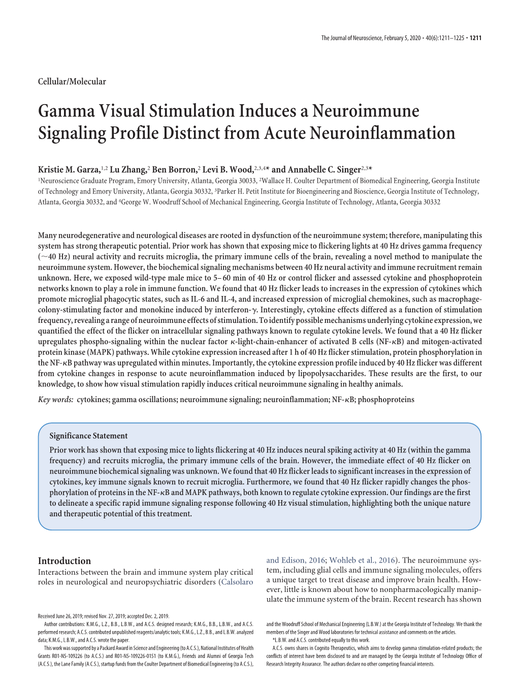Gamma Visual Stimulation Induces a Neuroimmune Signaling Profile Distinct from Acute Neuroinflammation