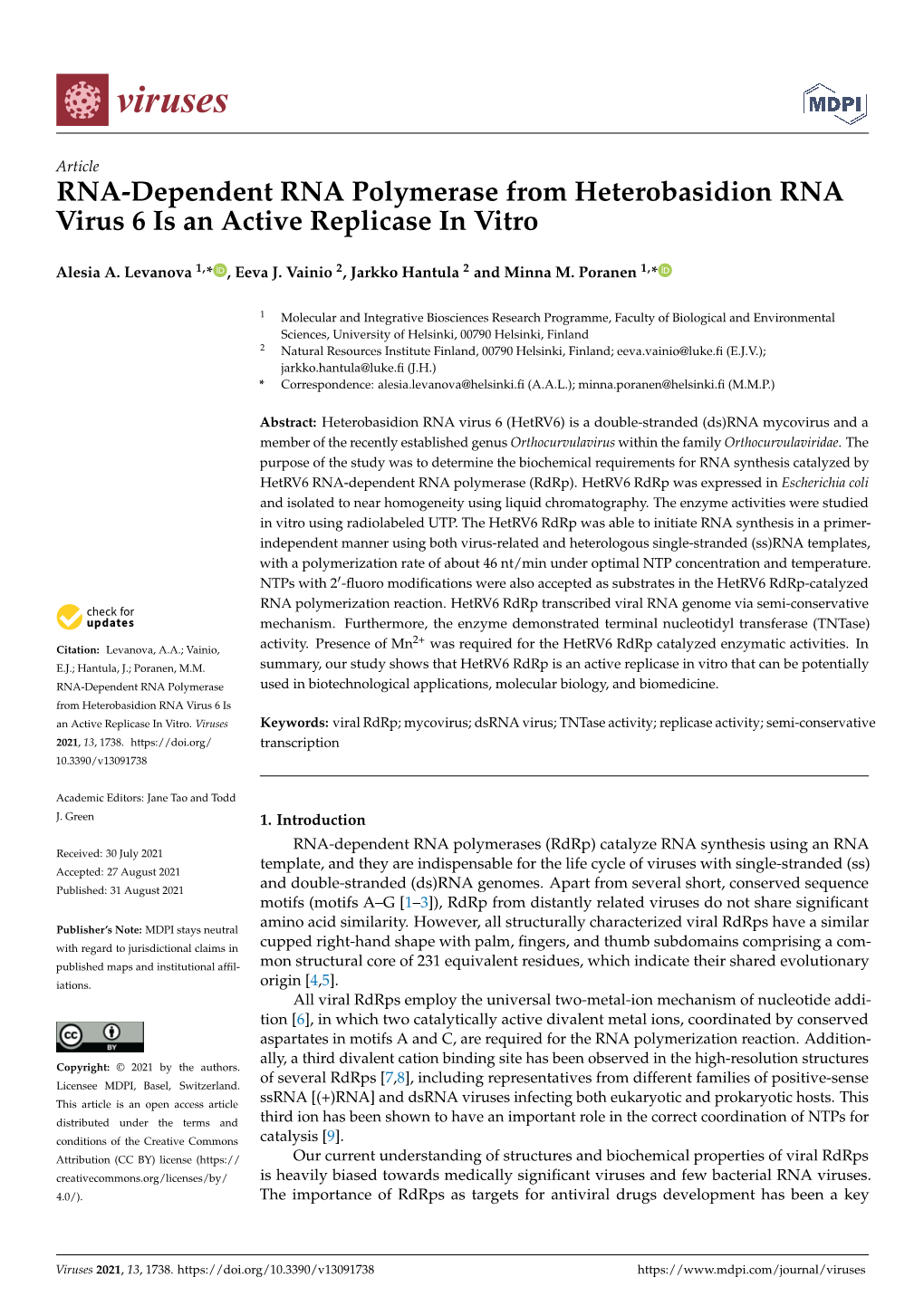 RNA-Dependent RNA Polymerase from Heterobasidion RNA Virus 6 Is an Active Replicase in Vitro