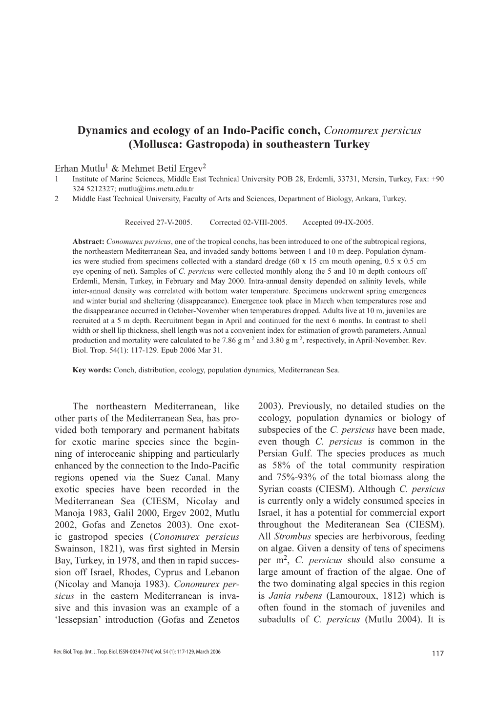 Dynamics and Ecology of an Indo-Pacific Conch, Conomurex Persicus (Mollusca: Gastropoda) in Southeastern Turkey