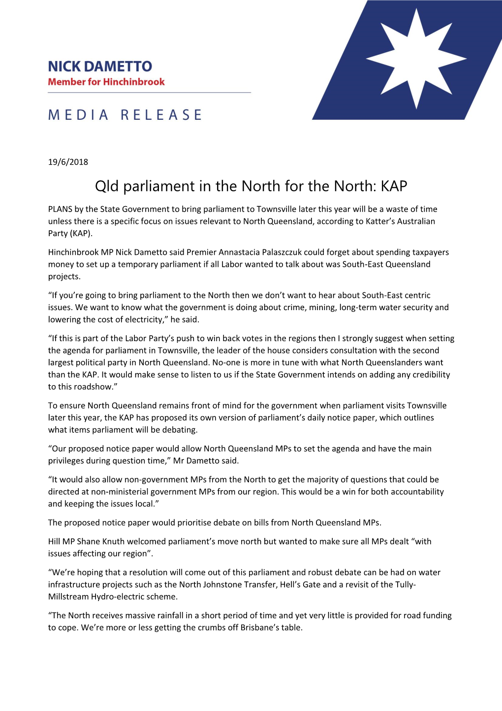 Qld Parliament in the North for the North: KAP
