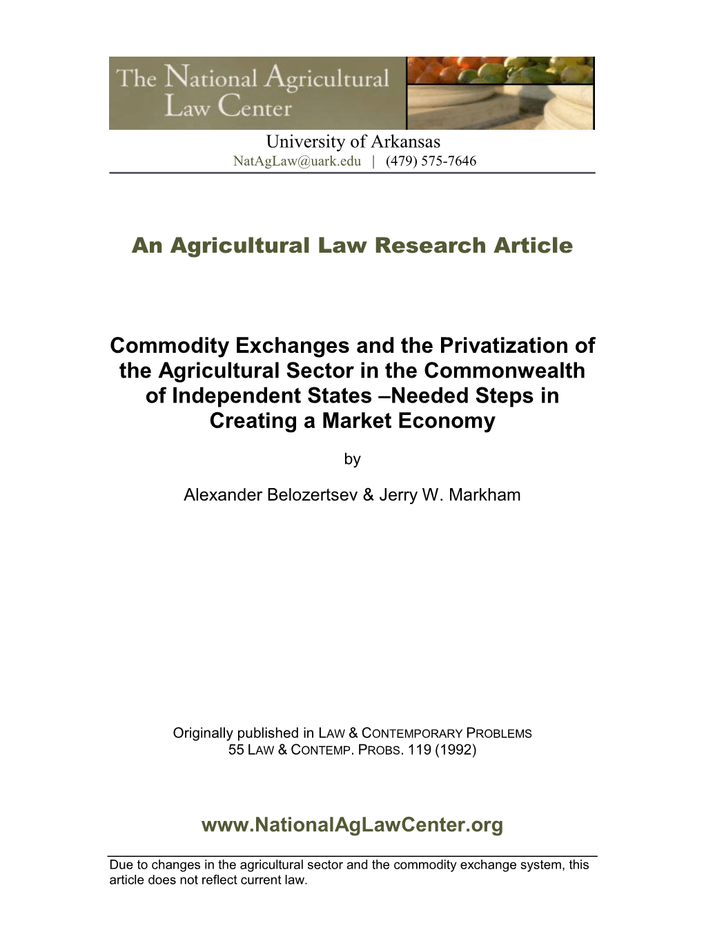 An Agricultural Law Research Article Commodity Exchanges and The