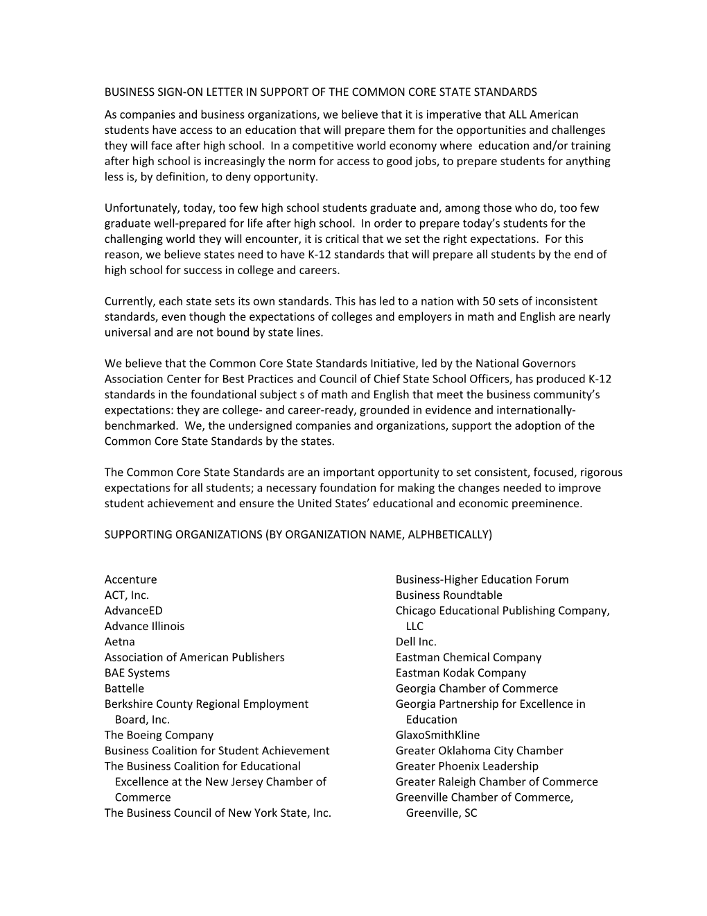 Business Sign-On Letter in Support of the Common Core State Standards