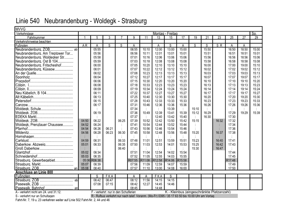 Woldegk - Strasburg MVVG Verkehrstage Montag - Freitag So