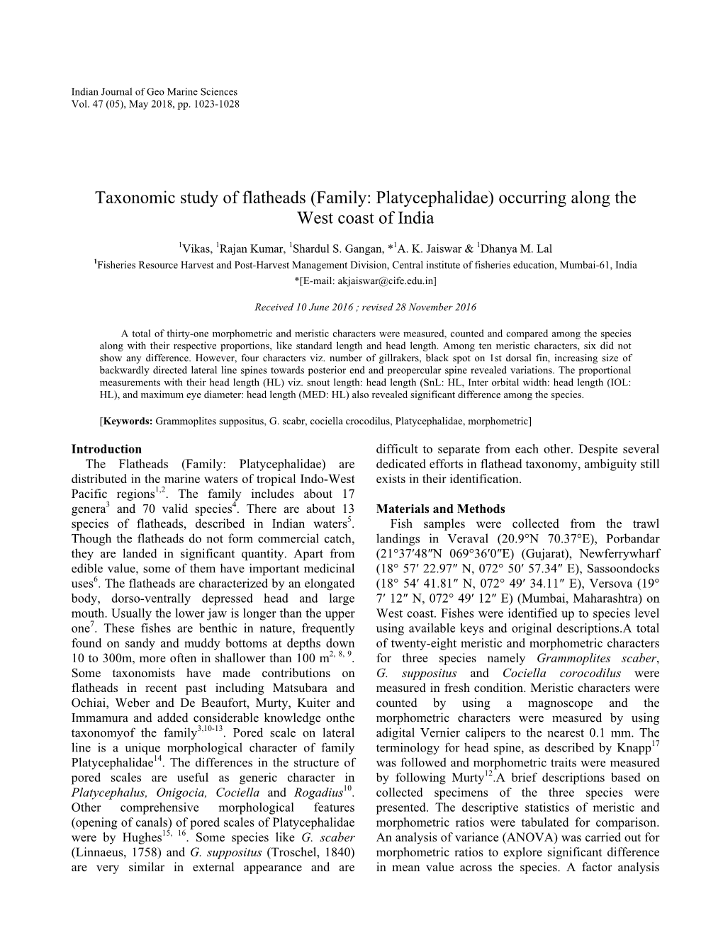 Family: Platycephalidae) Occurring Along the West Coast of India