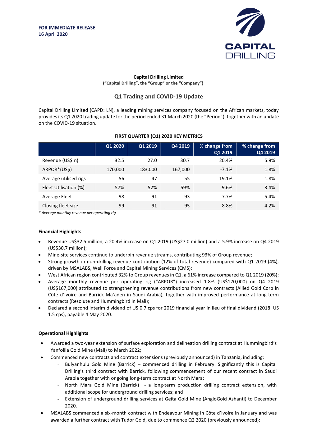 Q1 2020 Trading and COVID-19 Update