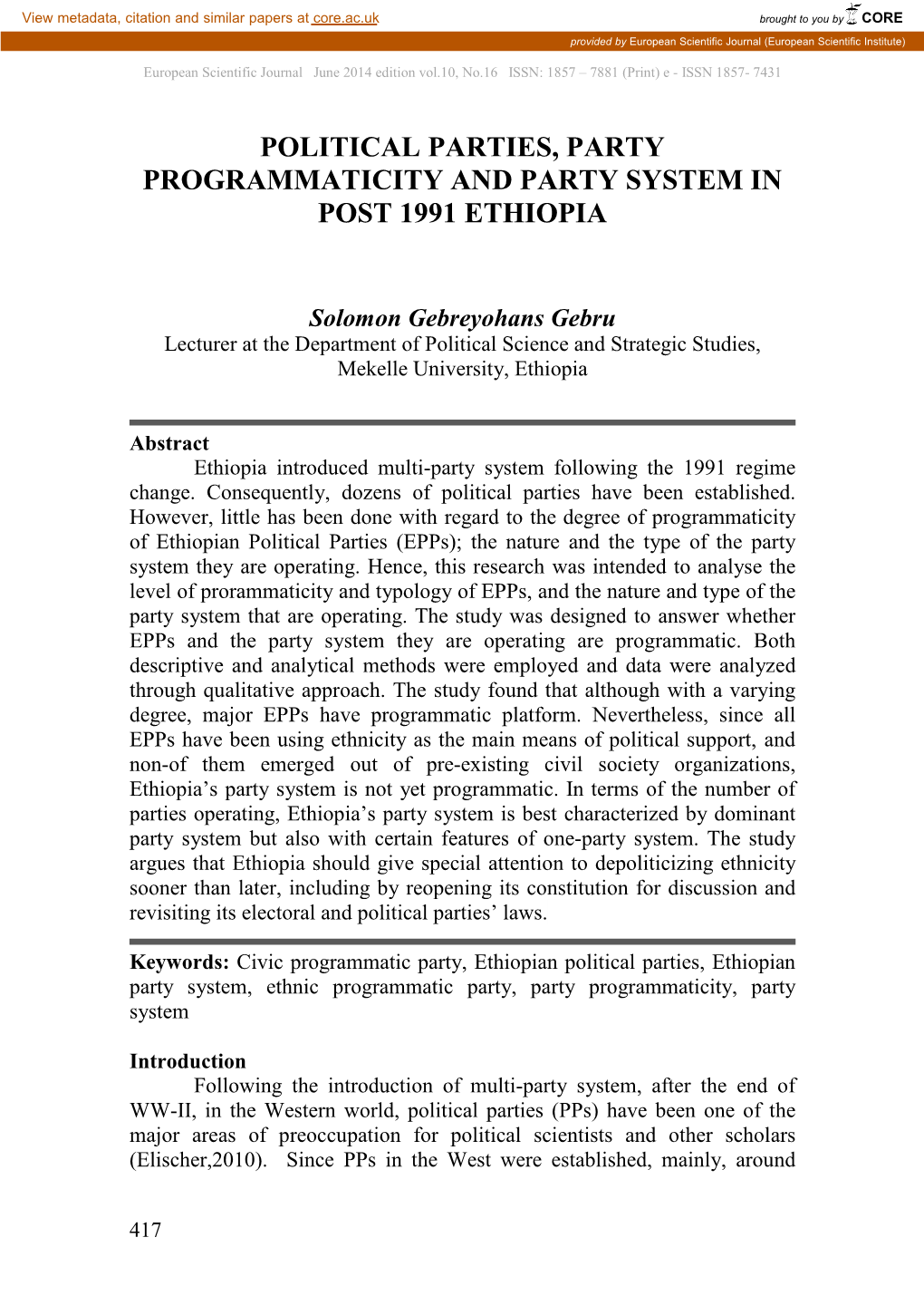 Political Parties, Party Programmaticity and Party System in Post 1991 Ethiopia