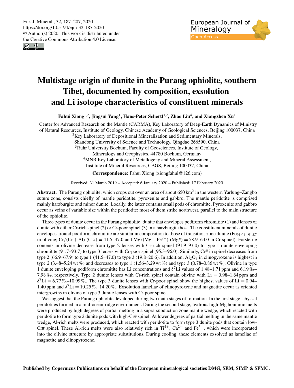 Multistage Origin of Dunite in the Purang Ophiolite, Southern Tibet, Documented by Composition, Exsolution and Li Isotope Characteristics of Constituent Minerals