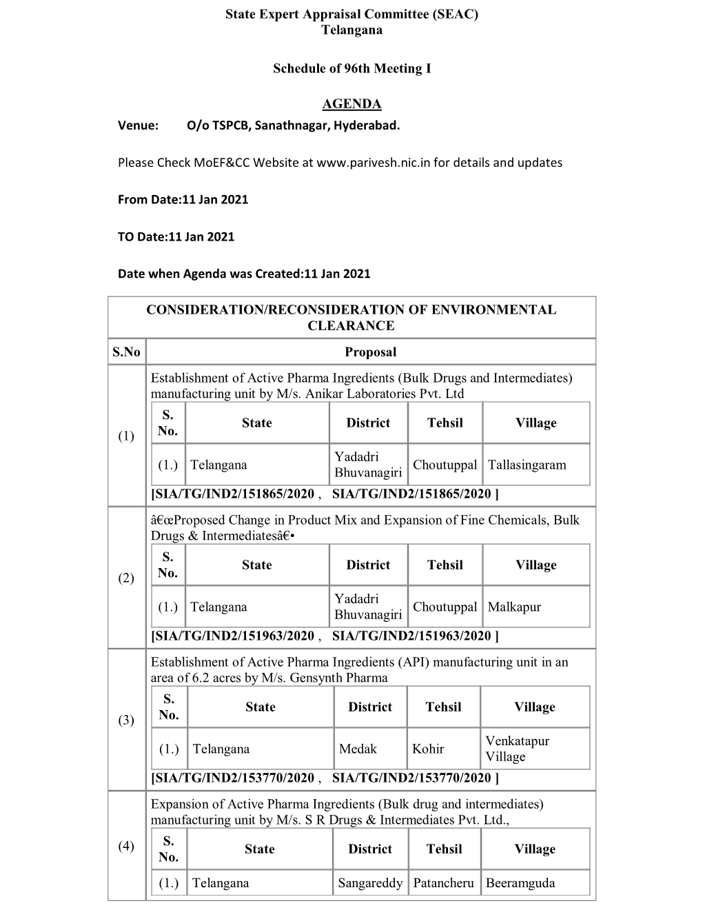 (SEAC) Telangana Schedule of 96Th Meeting I AGENDA Venue