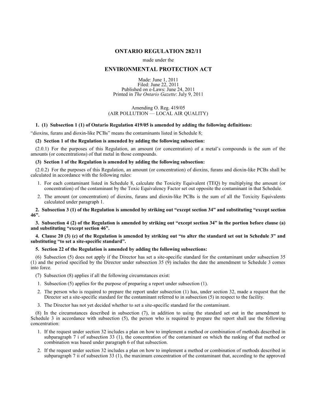 ENVIRONMENTAL PROTECTION ACT - O. Reg. 282/11