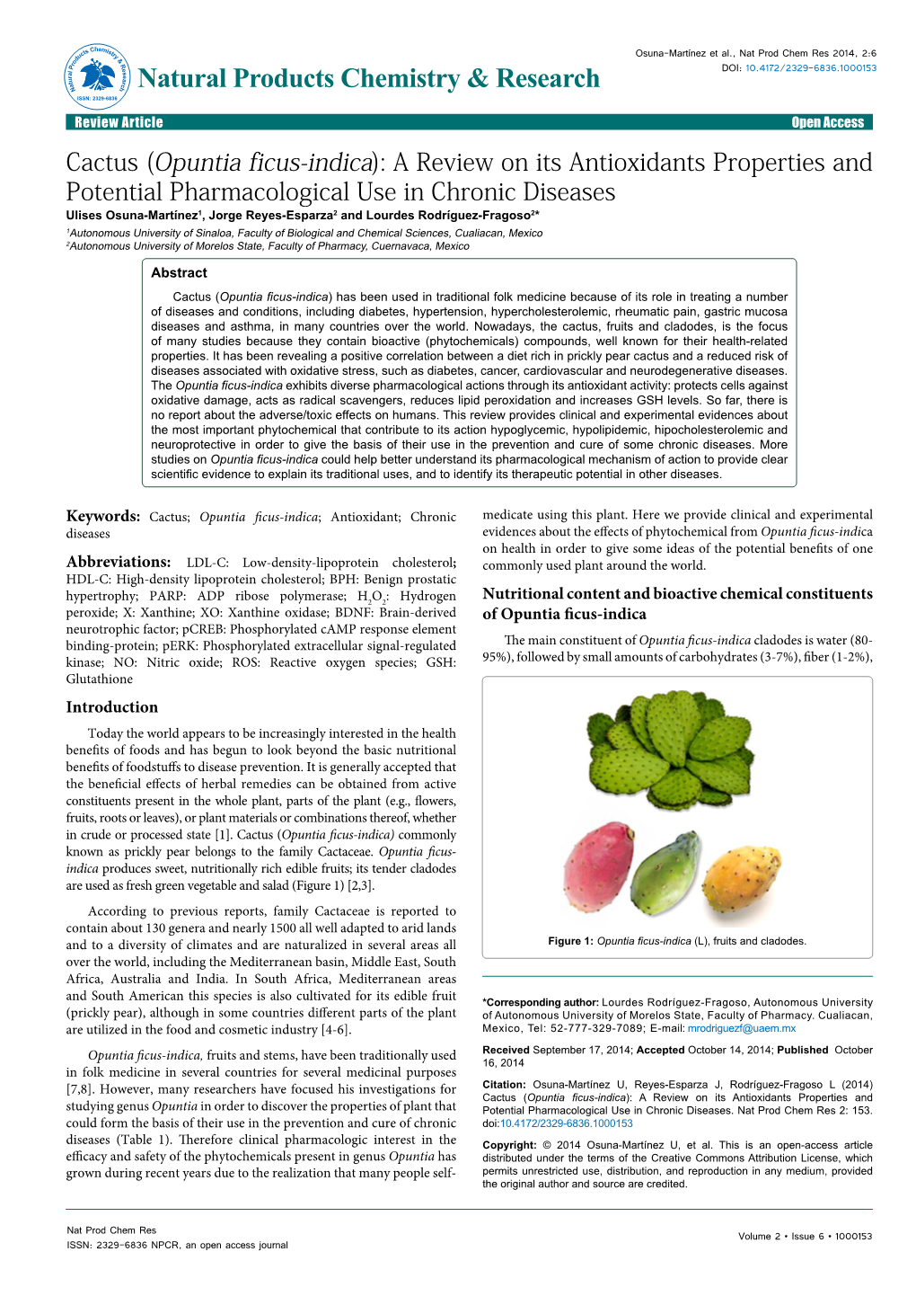 Cactus (Opuntia Ficus-Indica): a Review