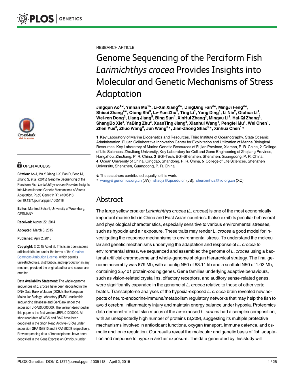 Genome Sequencing of the Perciform Fish Larimichthys Crocea Provides Insights Into Molecular and Genetic Mechanisms of Stress Adaptation