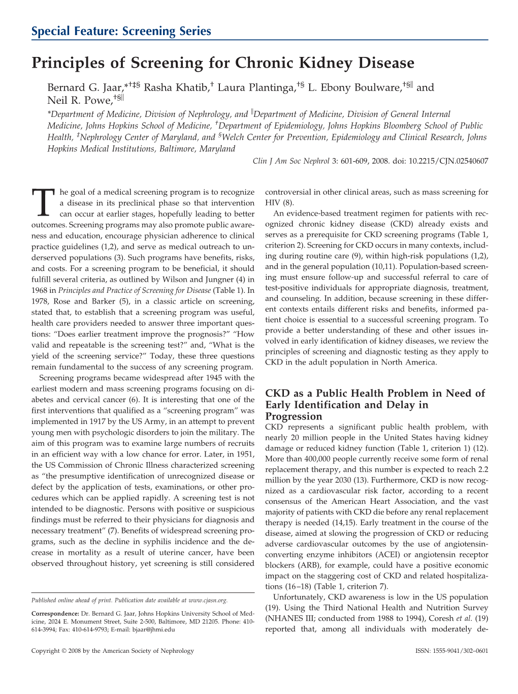 Principles of Screening for Chronic Kidney Disease