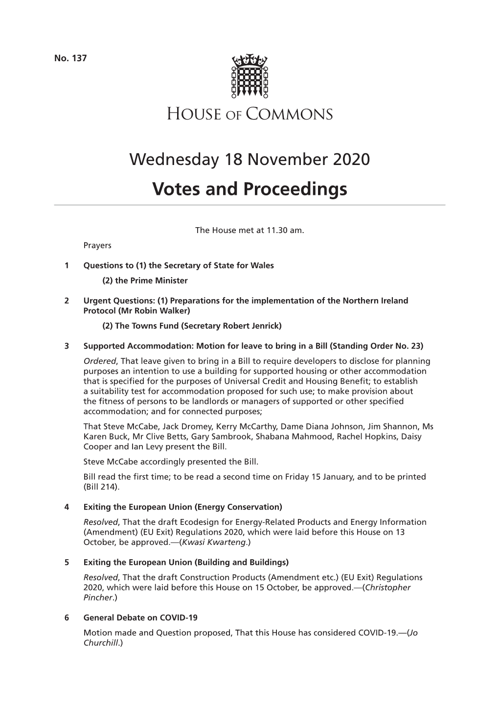 Votes and Proceedings for 18 Nov 2020